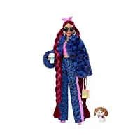 barbie poupée mannequin extra n° 17 avec pantalon et veste en fausse fourrure à imprimé léopard, très longs cheveux, figurine chiot et accessoires, jouet enfant, dès 3 ans, hhn09