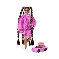 barbie poupée mannequin extra n° 14 avec tenue rose 2 pièces, veste brillante, très longs cheveux, figurine chiot et accessoires, jouet enfant, dès 3 ans, hhn06